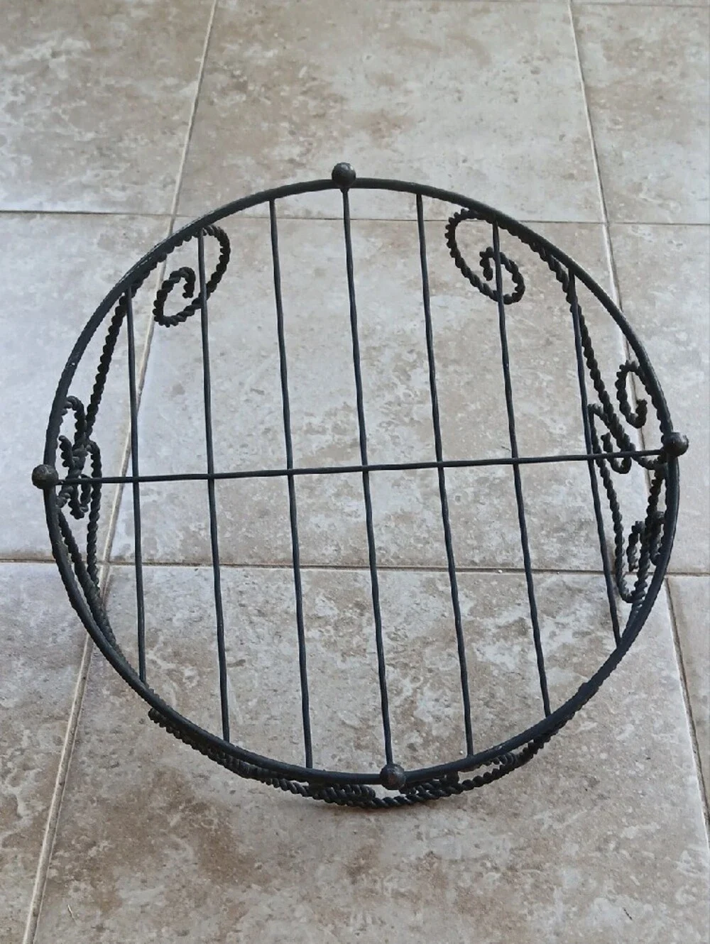 Vintage Black Twisted Metal Scroll Wire Basket, Plant Stand, Plate Rack